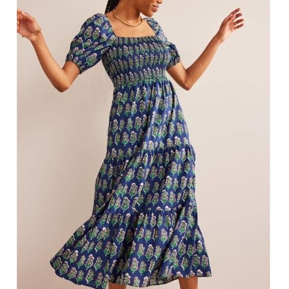 BODEN Smocked Bodice Maxi Dress French Navy Artisan Bloom Floral sz 14 Women's